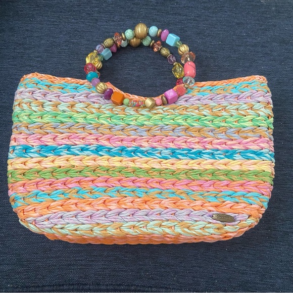 Capelli of New York Handbags - Capelli of New York Multicolor Straw Woven Clutch with Beaded Handle
